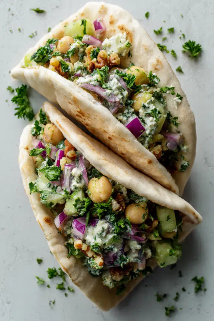 Chickpea Walnut Salad Stuffed Pitas